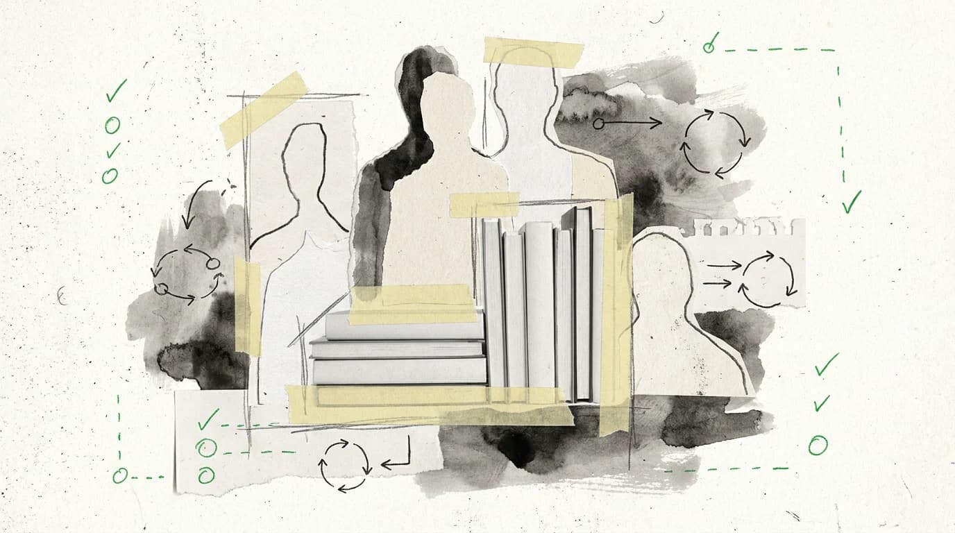 Abstract collage of blank portrait cards, books, loop diagrams, and green review marks